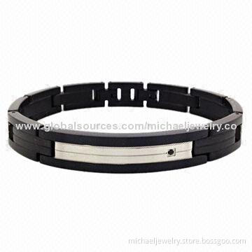 Stainless Steel Bracelets with Interval of Plating IP Black and 1pc of Black CZ Stone